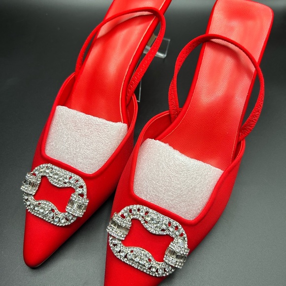 Women’s Red Cloth Kitten Heel Pointy Closed Toe Sandals Size 43 EUR  11 1/2 US - Picture 4 of 12